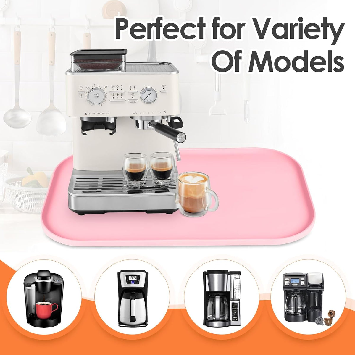 Silicone Coffee Maker Mat with Lip for Countertops, 24'' x 16'', Pink