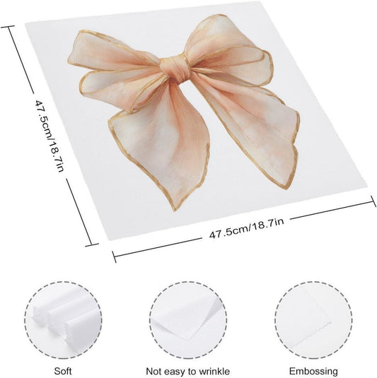 Cloth Napkins Set of 6, Watercolor Soft Silk Ribbon Bow in Pale Peach Square Premium Reusable Washable Polyester Table Linen Napkin