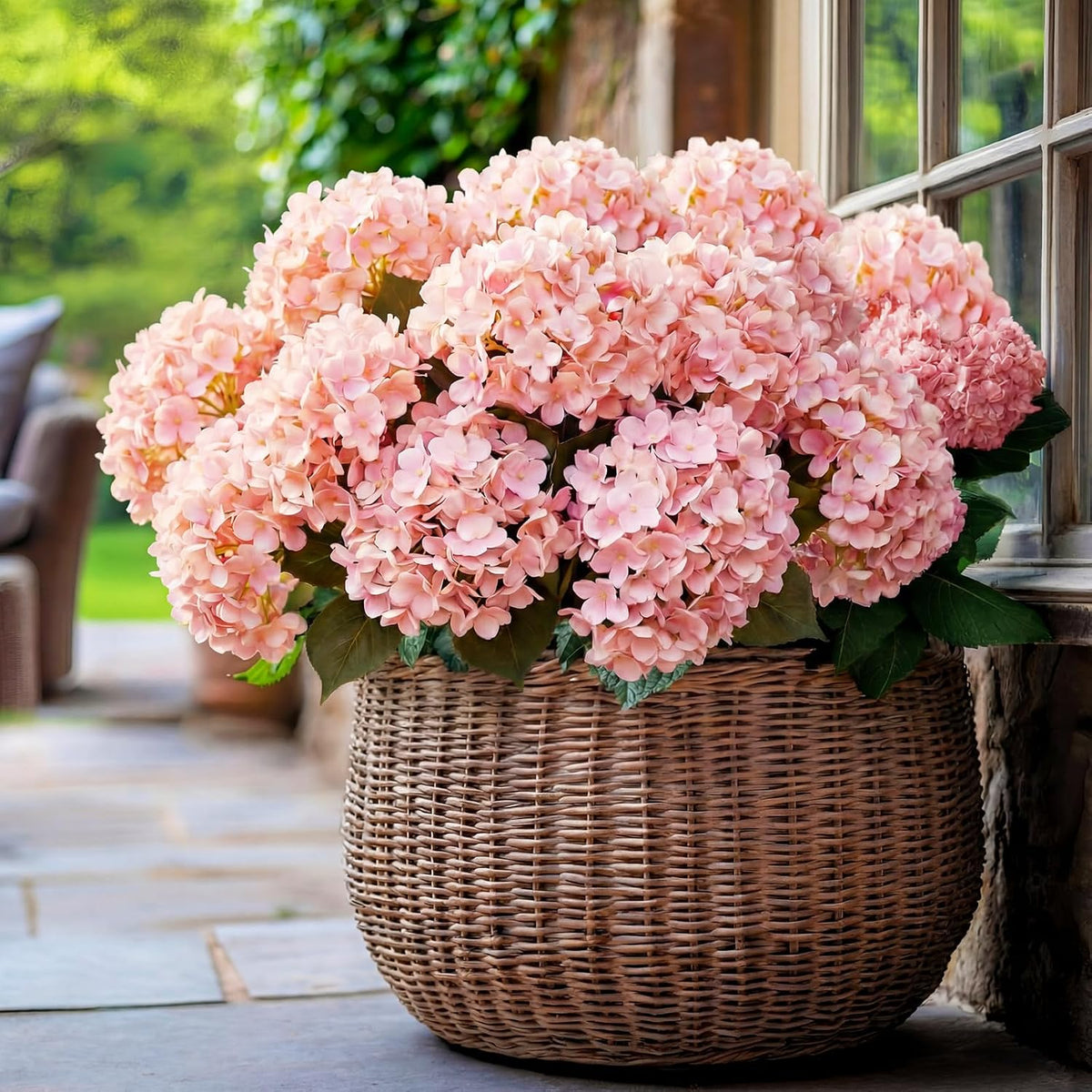 Hydrangea Artificial Flower Bush for Outdoor 19.6inch Large Silk Hydrangea 5 Heads Realistic UV Resistant Fake Flower for Porch Bouquet Window Box Wedding Indoor(4 Pcs,Pink)