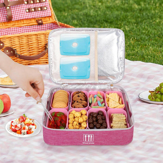 Snack Box Container, 8 Compartments, with Insulated Cooling Bag,Pink
