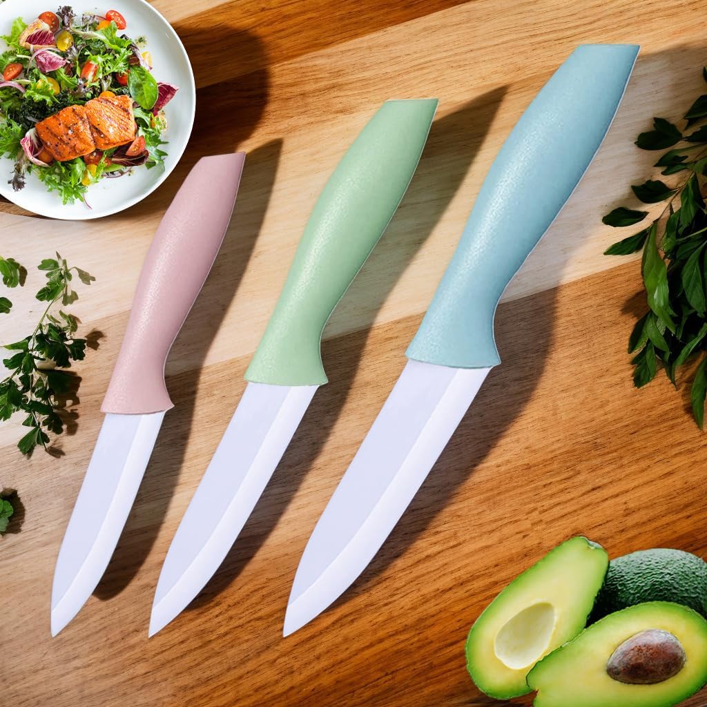 3 Pieces Ceramic knife set, 3-Inch 4 Inch 5-Inch Colorful Knife Set with Sheaths Covers, Zirconia Blade and Ergonomic handle,Use for meat fruit vegetable Bread and Butter. (pink green blue)