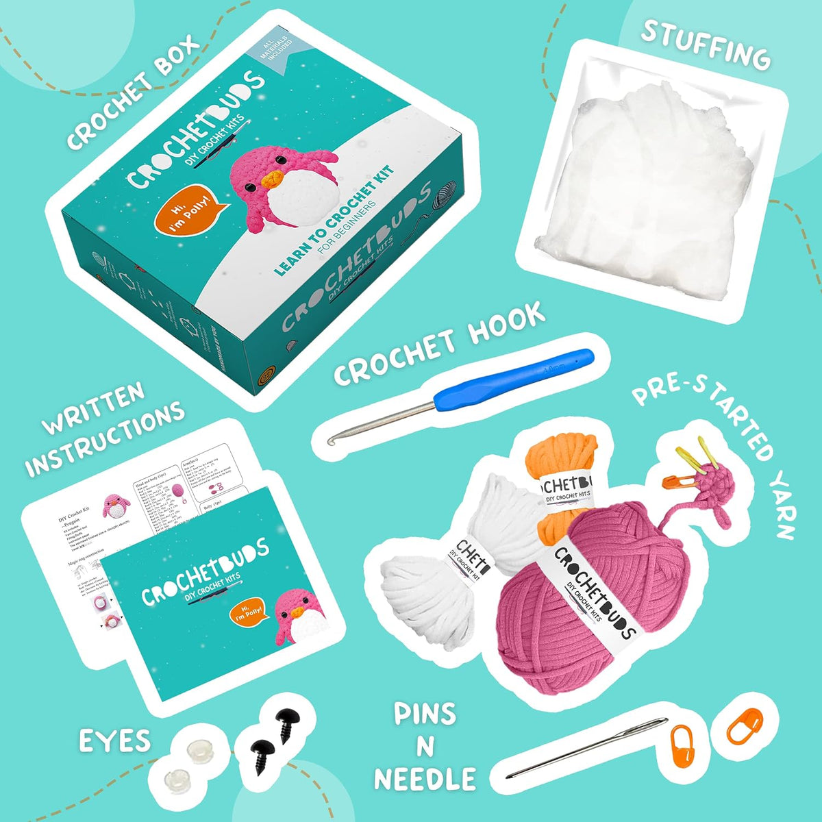 Penguin Crochet Kit for Beginners & Adults | DIY Amigurumi Kit w/Pre-Started Piece, Yarn, Hook, Pattern, Video & Written Tutorial Guide | Great Craft Gift Idea | Ages 15+ (Pink)