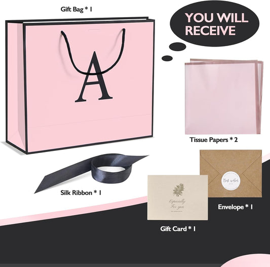 Personalized Initial Paper Bag for Women Grils,Monogrammed Gift Bag with Bow Ribbon,Wrapping Tissue and Card Matching Envelope Sticker (Pink, A-Medium)
