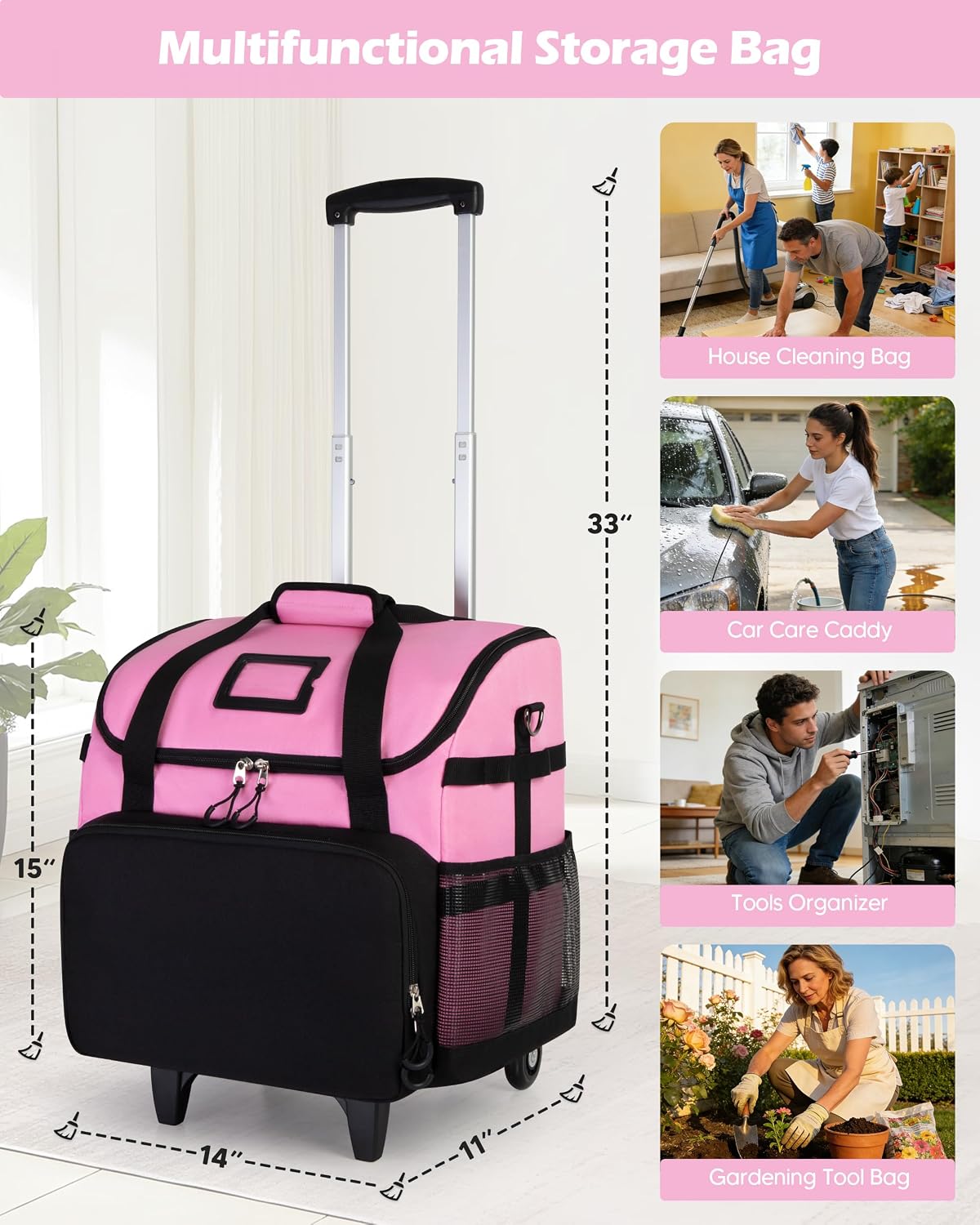 Large Rolling Cleaning Caddy Bag with Detachable Trolley, Pink
