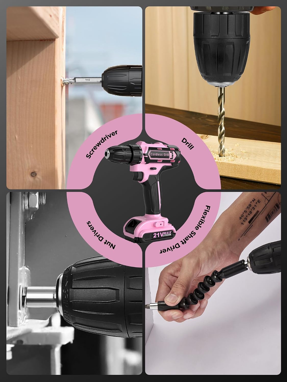 Pink Cordless Drill Set 202 Pcs, 21V Pink Power Drill Tool Set Kit with Storage Bag, Electric Drill Set for Women, Precision Screwdriver set, Magnetic Wristband, for Home DIY Projects