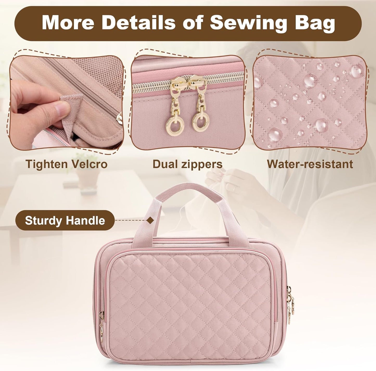 Puffer Sewing Organizer Bag, Sewing Supplies Organizer with 6 Detachable Dividers and Multiple Pockets, Travel Sewing Notions Storage Case for Thread, Needles, Scissors, Pink (Bag Only)