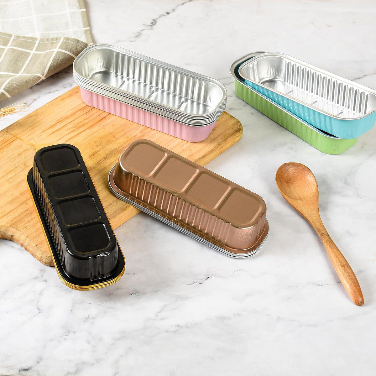 Mini Loaf Baking Pans with Lids and Spoons (50 Pack, 6.8oz) Rectangle Aluminum Foil Baking Pans Tins Containers - Cupcake Containers Wrappers Cheesecake Creme Brulee Ramekins