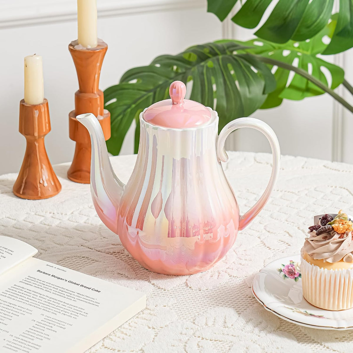 Pink Ceramic Teapot 33oz,tea pot for loose leaf tea coffee milk Gifts for women housewarming home kitchen christmas (Pink)