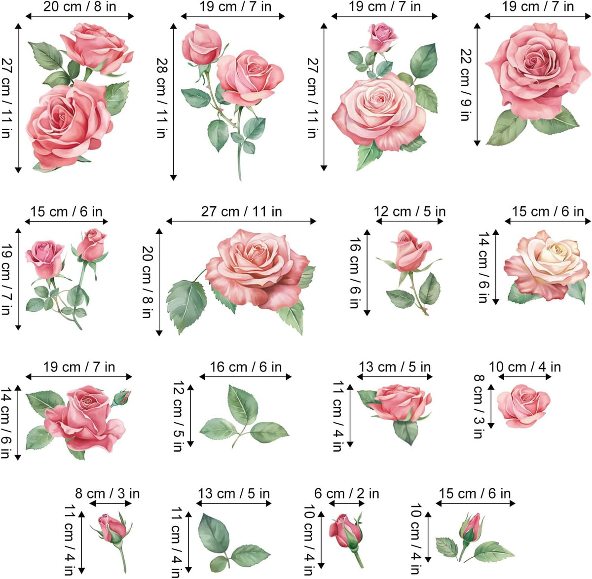 Rose Flowers Wall Decals, Pink Floral Leaves Wall Stickers, Peel and Stick Wall Decor for Bedroom Living Room Sofa TV Background