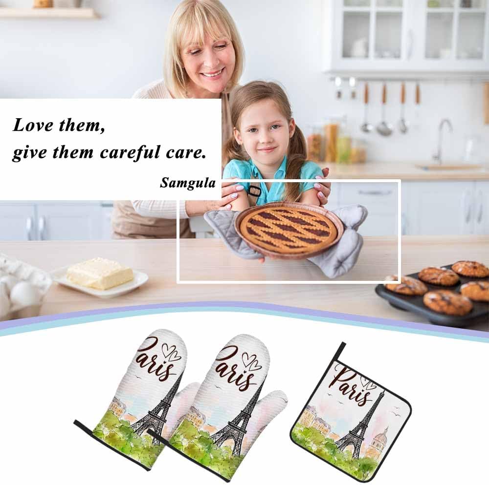 Paris Oven Mitts and Pot Holders Sets Eiffel Tower Pink Romantic City Heat Resistant 3pcs for Cooking Baking BBQ