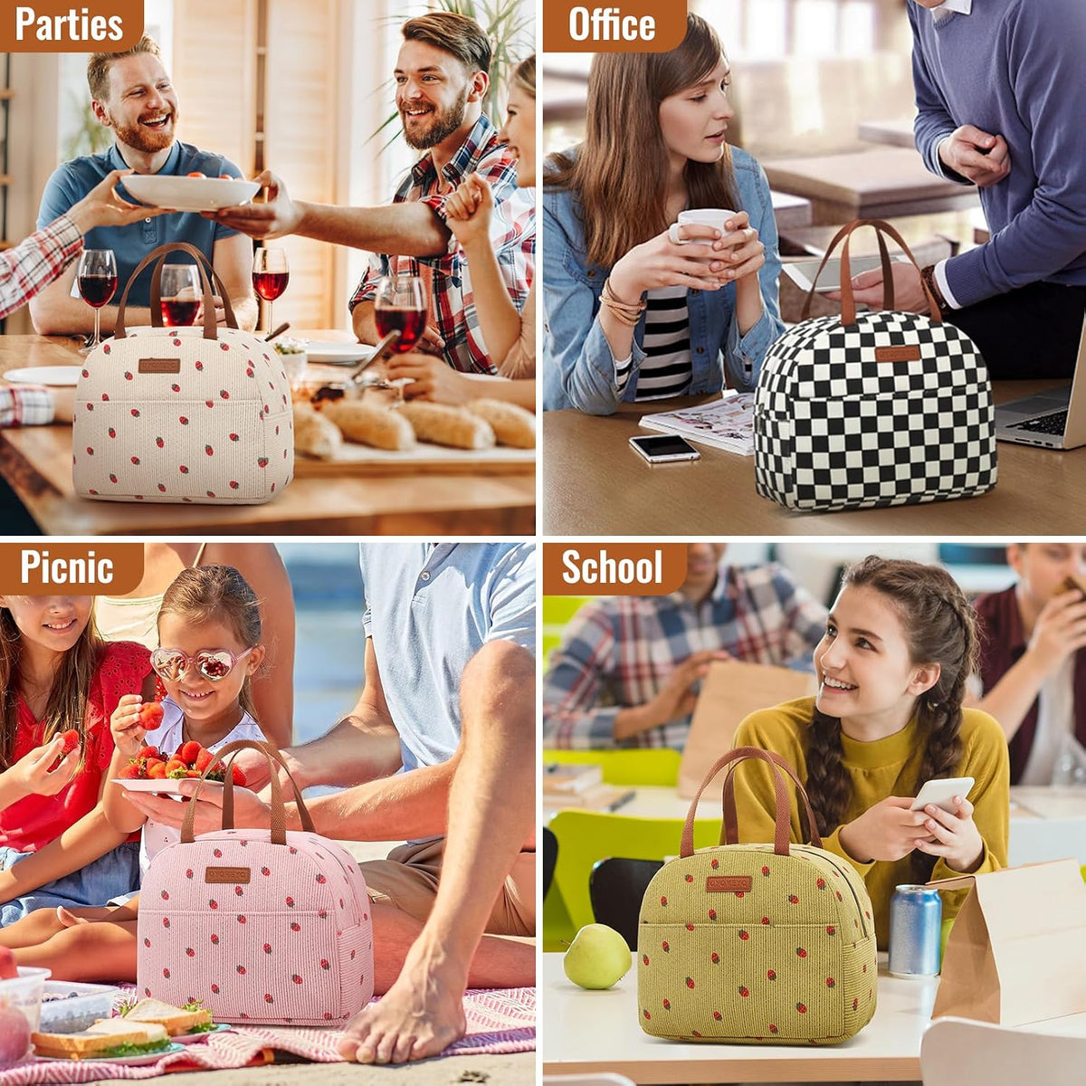 Lunch Bag for Women Men, Reusable Lunch Box, Insulated Lunch Pail bag with Large Capacity, Cute Corduroy Lunch Tote Bags, Cooler Lunch Container for Work Travel Office Picnic (Pink)