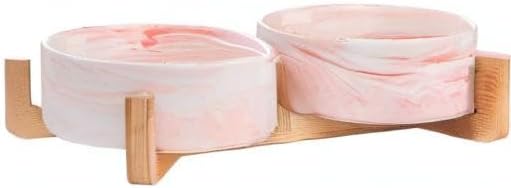 Ceramic Dog Bowls with Non-Slip Bamboo Stand - Dog Food and Water Bowl Set Ideal for Cats and Small Dogs - Double 5.1" Pet Dishes, Each Feeder Holds 1.4 Cups / 10.8 fl oz - Pink Marble