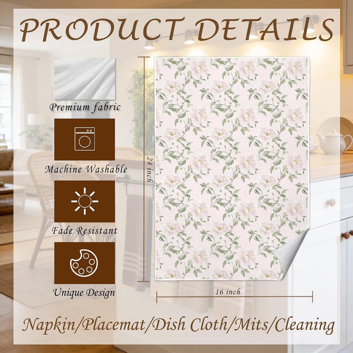 Spring Pink Peony Floral Kitchen Towels 16x24 in, Rustic Farmhouse Country Pink Flower Botanical Decorative Hand Tea Dish Towel for Girls Bathroom Kitchen