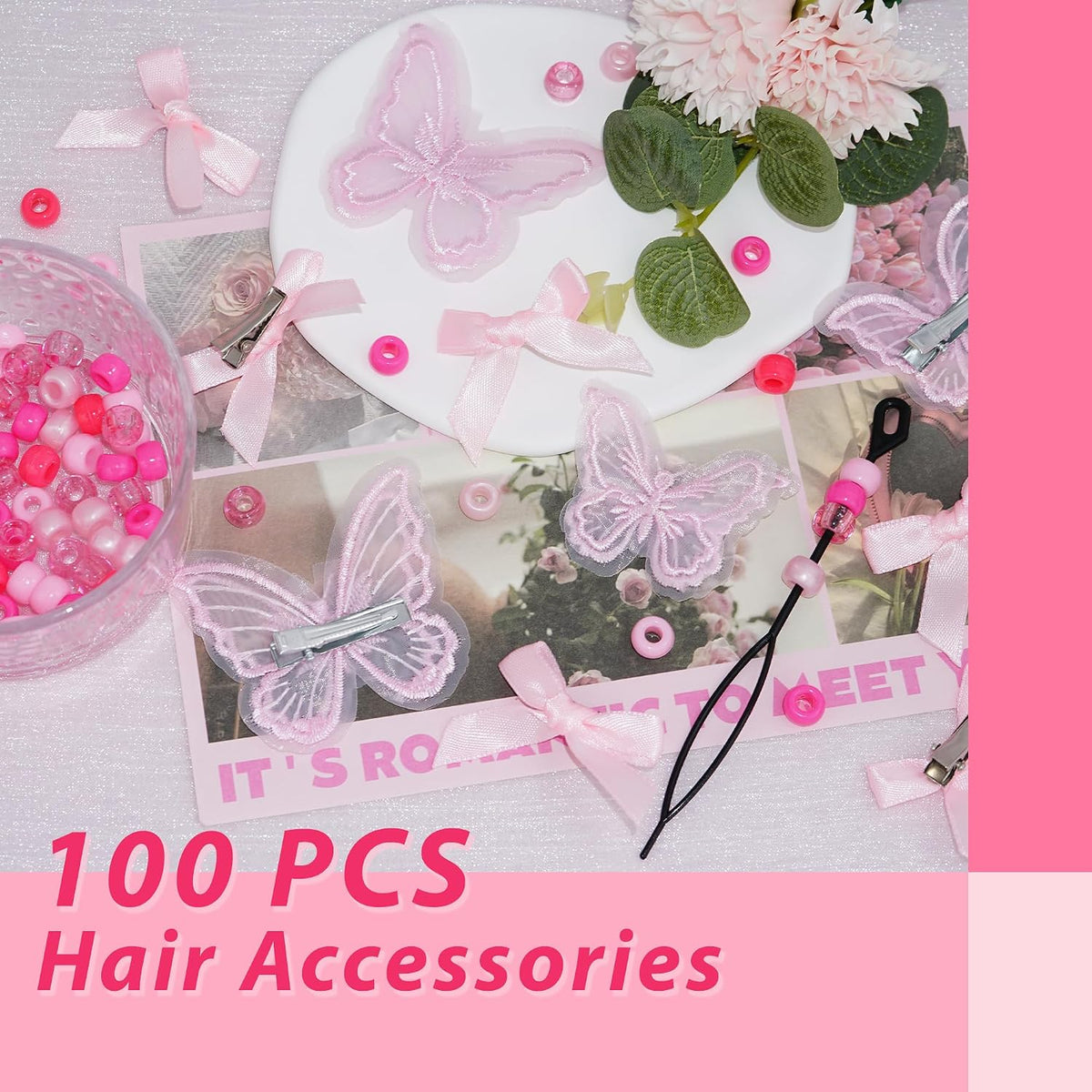 100PCS Small Pink Bows Gradient Hair Beads for Braids Embroidery Butterfly Hair Clips Loc Jewelry Acrylic Large Beads Cute Hair Accessories Dreadlock for Women and Girls