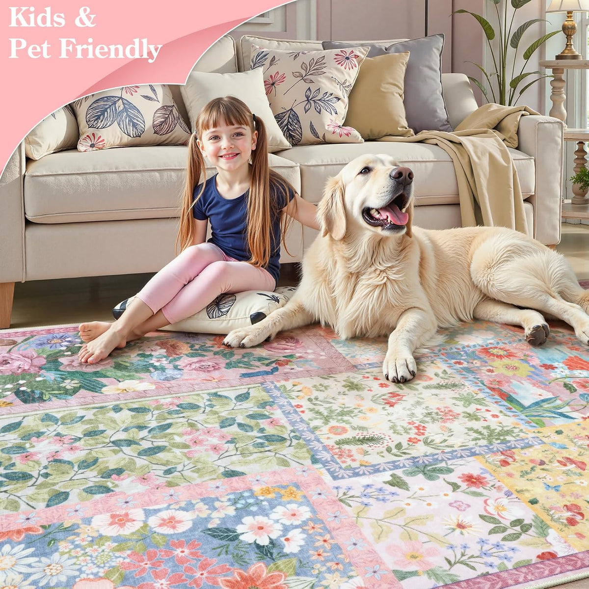 Pink Washable Rugs 8x10 for Living Room, Soft Pink Rug for Bedroom,Non Slip Ultra Thin Rug Botanical Bedroom Rugs 8x10 Under Bed, Floor Carpet for Dining Room Home Office