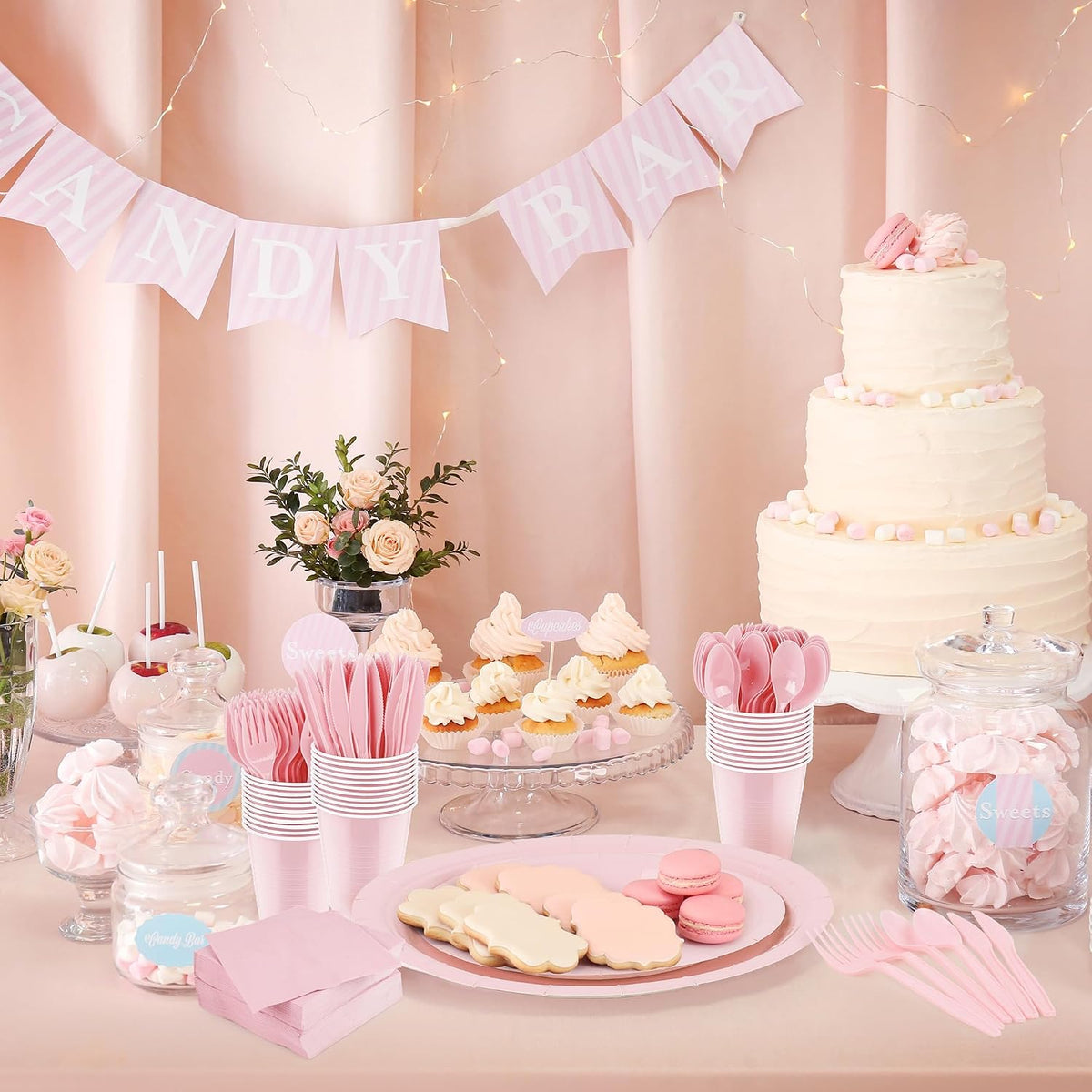 400 Pieces Pink Party Supplies Disposable Dinnerware Set Include Plastic Plates Cups Knives Forks Spoons Paper Napkins for Birthday Wedding Graduation Parties, Serve 50 Guests