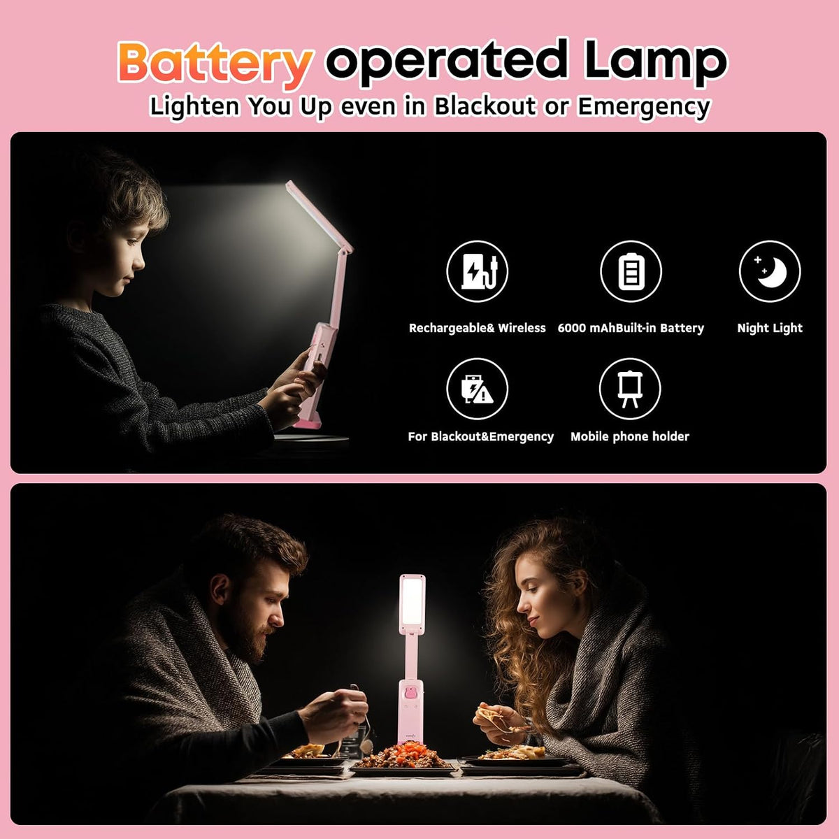 Cute Bunny Desk Lamp, Foldable LED Rechargeable Table Light, Eye-Caring Reading Lamp, 3 Color Modes & Dimmable, for Kids Girls Bedroom Study Dorm Room(Pink)