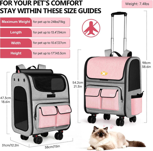 Foldable Rolling Pet Carrier with Wheels Pink(Not for Airline)