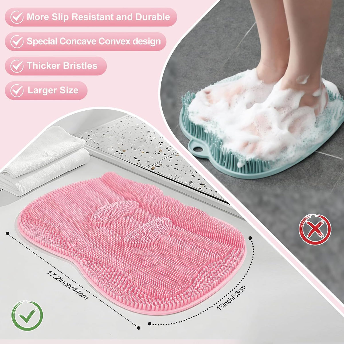 Bath Shower Foot Scrubber Mat - Silicone Shower Foot Scrubber Mat (XL) Cleaner Foot Toes Clean Pad Without Bending Non-Slip Suction Cups Bathroom mat 17.2 * 13 inch - Pink