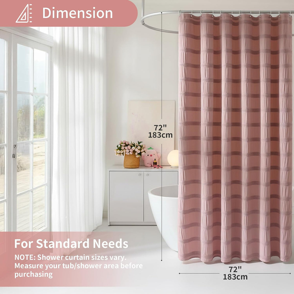 Pink Shower Curtain Waffle Shower Curtain Striped Cotton Blend Textured Fabric Shower Curtains for Bathroom 72 x 72, Blush Pink