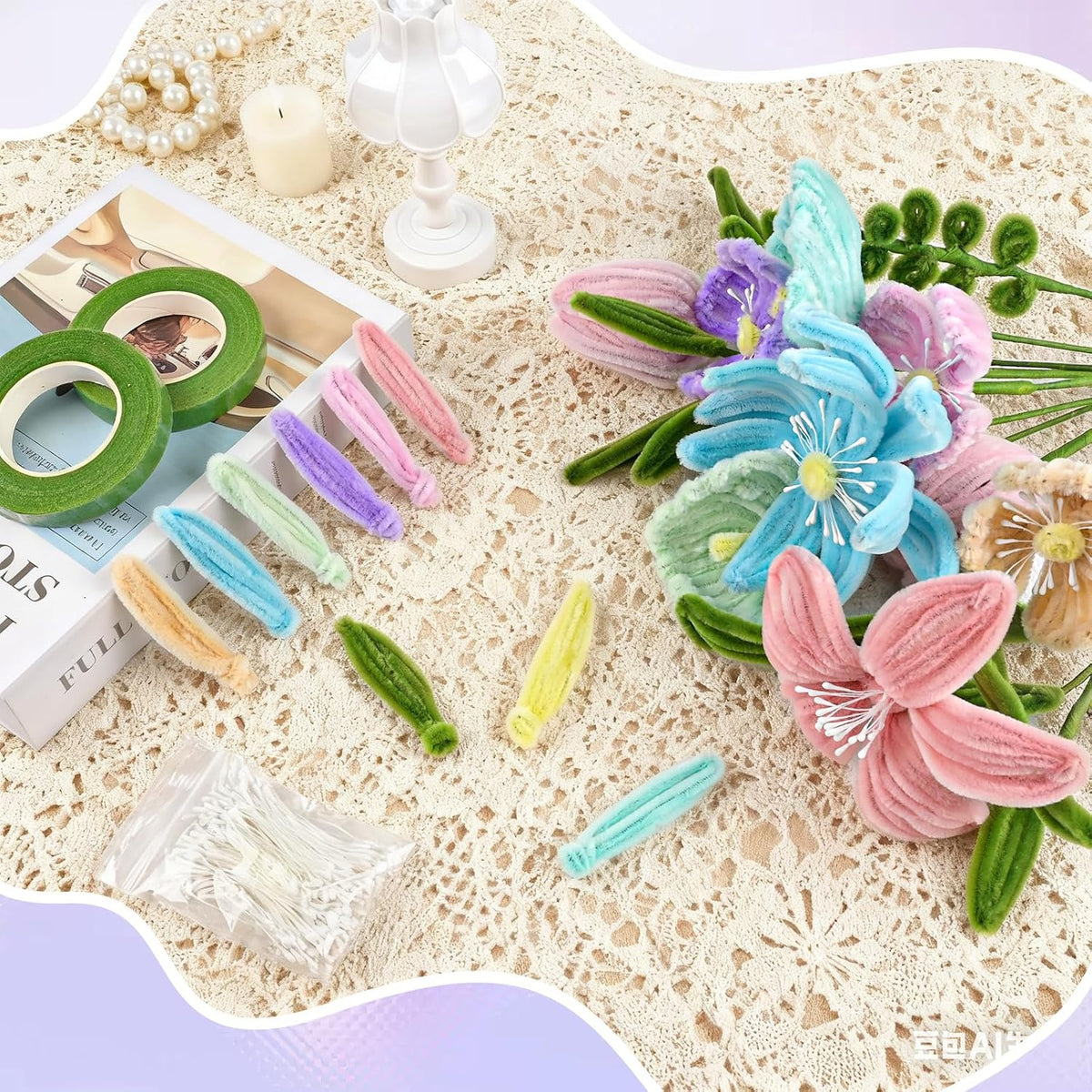 480 Pcs Pipe Cleaners Set Craft Flowers Making Kit for DIY Arts Supplies- Pink and Purple Series