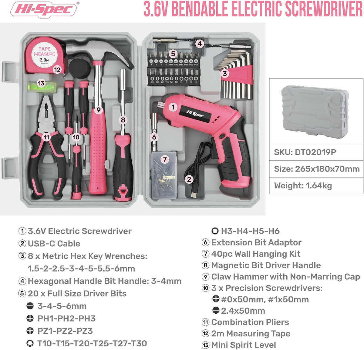 Hi-Spec 4V USB Electric Screwdriver Tool Kit for Home Repairs, Pink