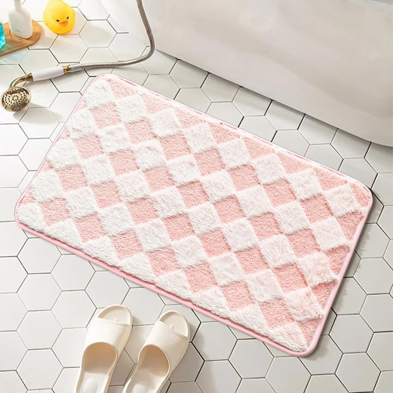 Checkered Bathroom Mat Pink Diamond Bath Rug Non Slip Super Absorbent Machine Washable Area Rug for Shower Sink (24 x 35 Inch)
