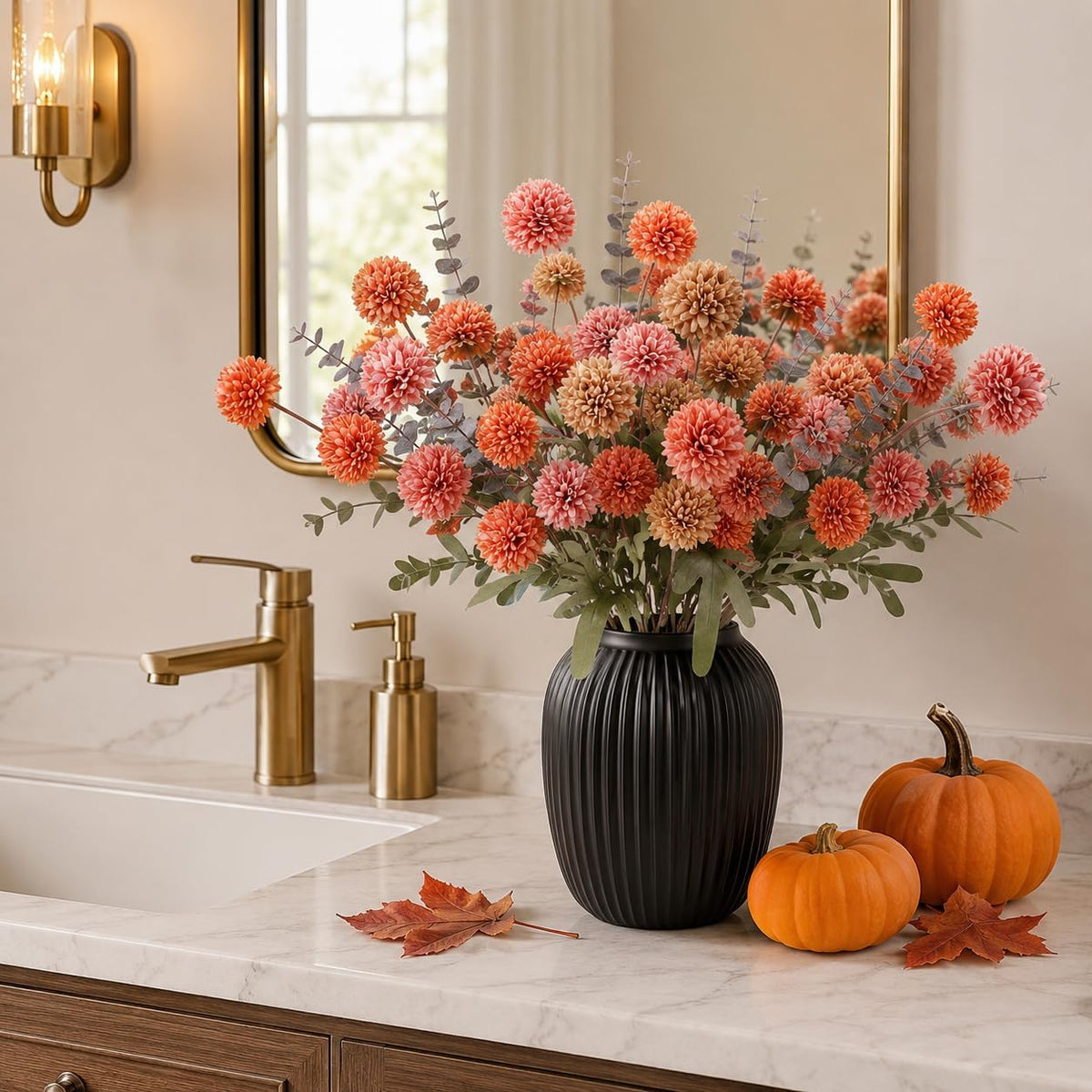 Geegoods Fall Artificial Mum Flowers, 12 Stems, Orange Brown Pink