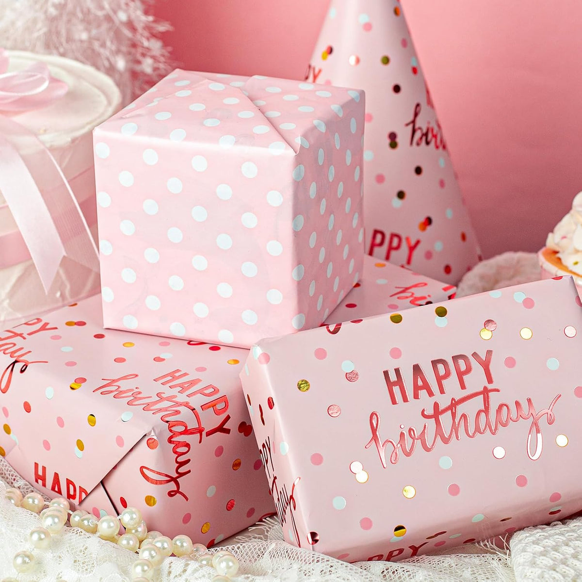 Reversible Pink Birthday Wrapping Paper Roll, Girl Gift Wrapping Paper, Metallic Foil Happy Birthday Pattern Girly Gift Wrap for Gift Packaging, Women Party, Celebrations (17 Inch x 33 Feet)