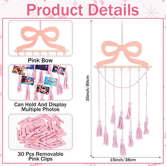 Pink Bow Hanging Photo Display Wall Decor Coquette Photo Display with 30 Pink Clips Picture Frame Collage Holder for Bedroom Wedding Graduation Christmas Coquette Party and Teenage Gifts