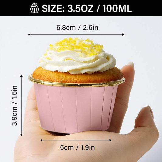 Cupcake Liners, 50pcs 3.5oz Aluminum Foil Wrappers Muffin Cupcake Containers, Disposable Dessert Ramekins Paper Baking Cups Mini Cheesecakes Holders for Birthday Wedding Party-Pink/Gold