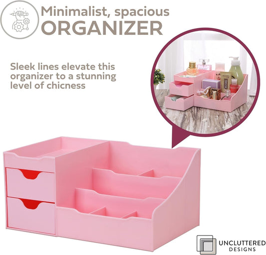 Makeup Organizer With Drawers - Cute Kawaii Countertop Storage for Cosmetics, Pretty Vanity Holder for Perfume, Skincare, Brush, Lipstick, Nail Polish and other Accessories (Pink)