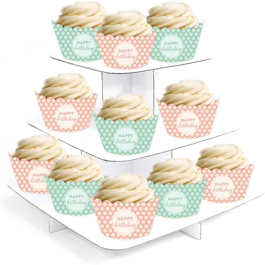Birthday Party Cupcake Wrapper Decorations, Peach and Mint Green Polka Dots, Happy Birthday, 24-Pack