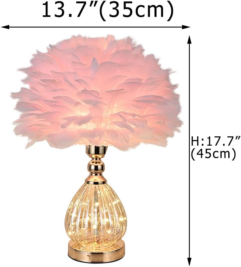 Pink Feather Table Lamp with Plug in Wire, Modern Feather Lamp Bedside Table Lamp, Golden Lamp Body for Romantic Atmosphere Bedroom Nightstand Lamp Desk Decorative Night Light Creative Fixture (Pink)