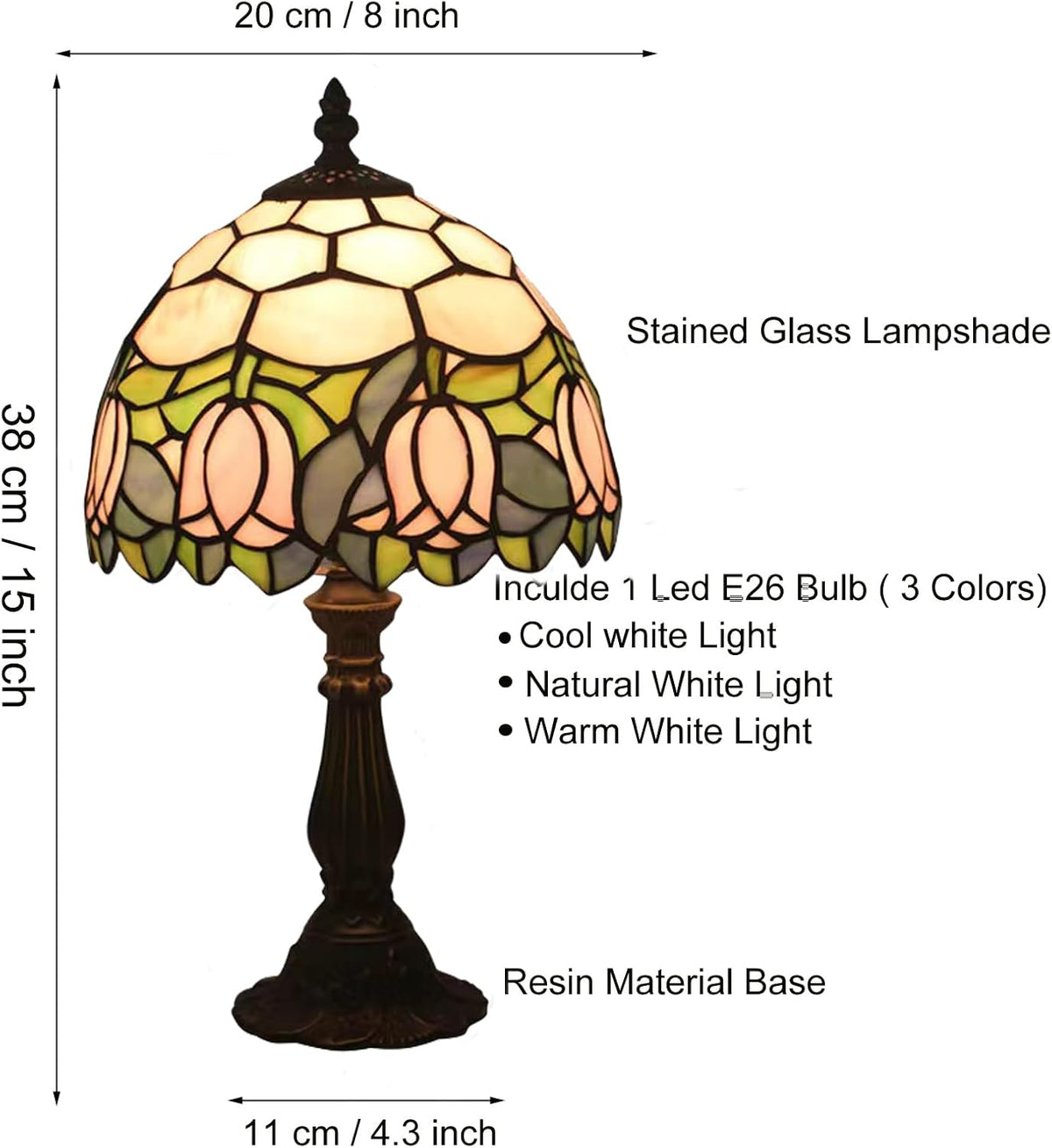 Tiffany Style Table Lamp, Pink Tulip Stained Glass Lamp, 8 Inch Small Antique Lamp, for Bedside Nightstand Bedroom Living Room Home Office, Include LED Bulb