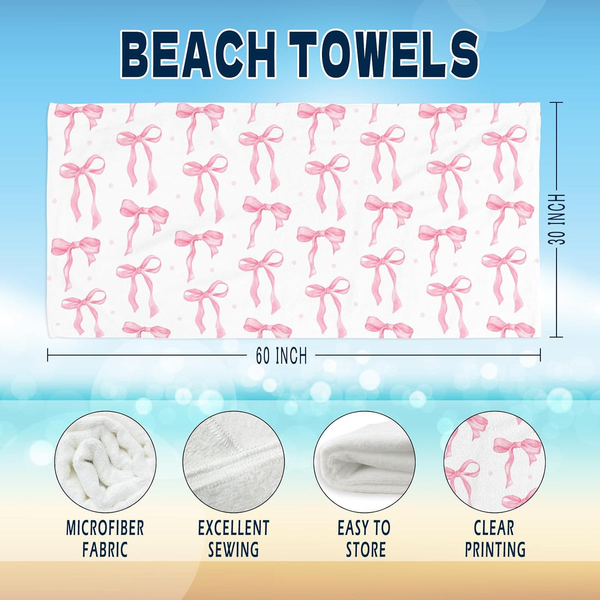Coquette Preppy Pink Bow Beach Towel - Aesthetic Girly Preppy Ribbon Pool Towels Microfiber Absorb Water Travel Towels 60x30 Inches for Bathroom Kitchen Gym Yoga, Gifts for Girls Lady