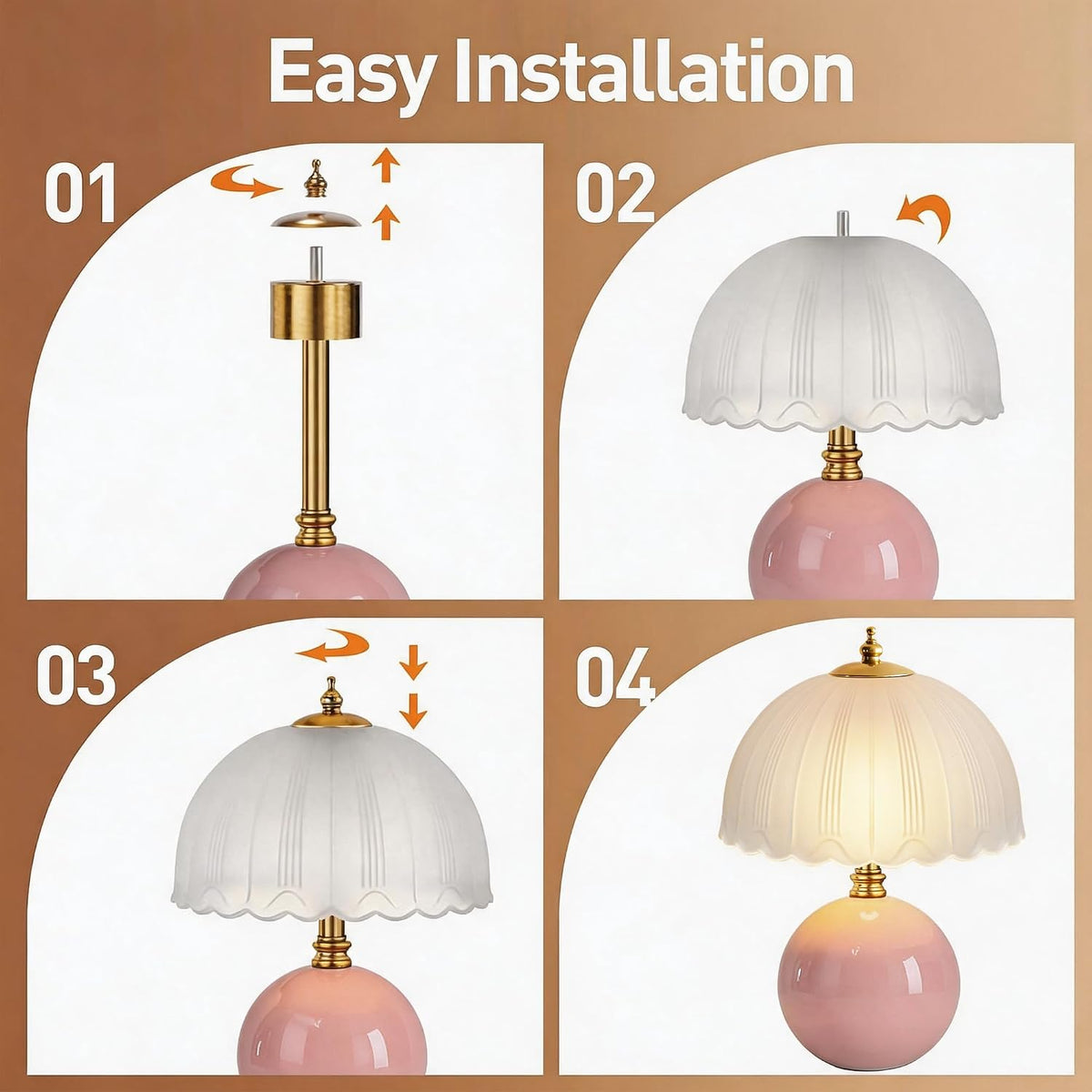 Mushroom Table Lamp, Ceramic Bedside Lamp with Glass Shade, 3-Way Lighting (2700K-5000K) Rocker Switch, Small Nightstand Lamp for Bedroom, Living Room, Office, Pink