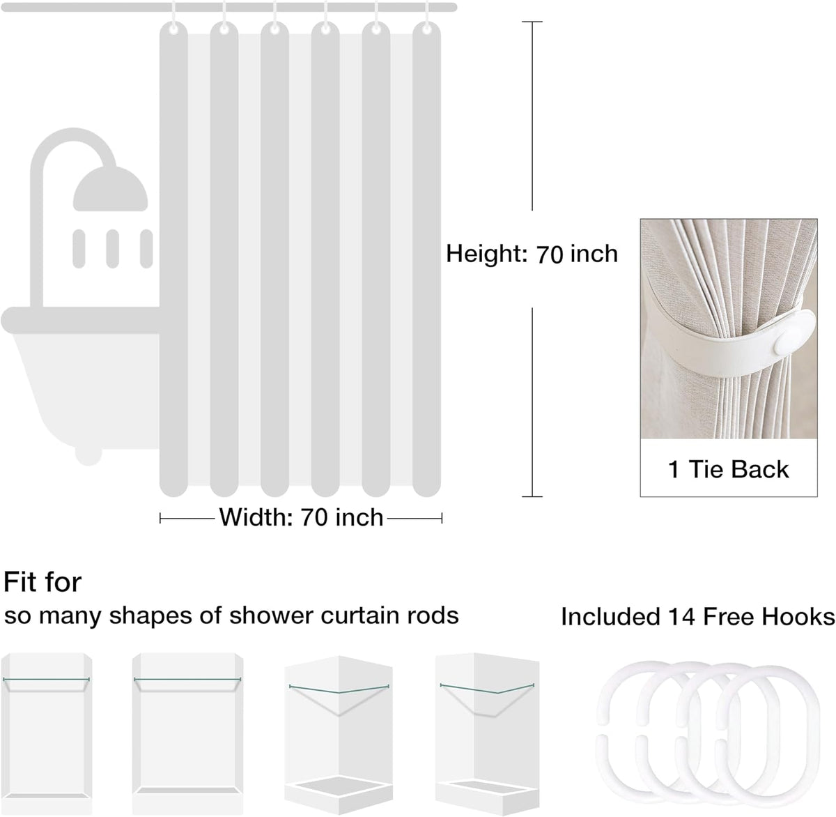 Folding Linen Shower Curtain 70x72 1 Panel 14 Grommets &Tie Back