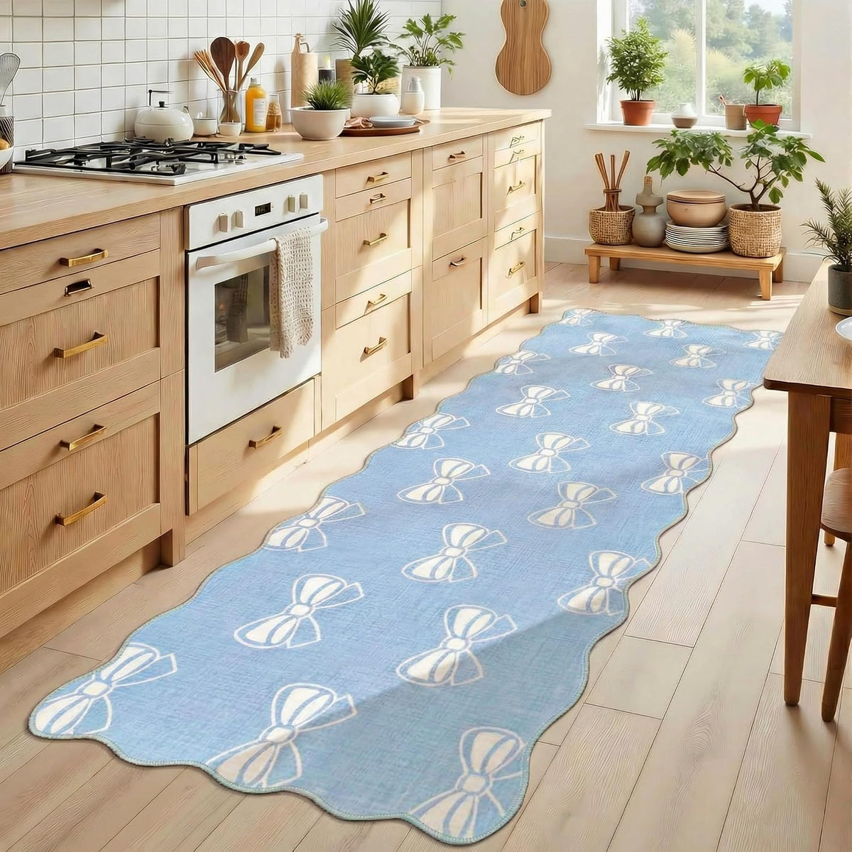 Blue Bow 2x6 Runner Rug for Hallway Entryway, Washable Cute Scalloped Bedside Rug for Living Room, Soft Low Pile Bowknet Rugs for Girls Bedroom Decor, Non Slip Carpet for Dorm Playroom Kitchen