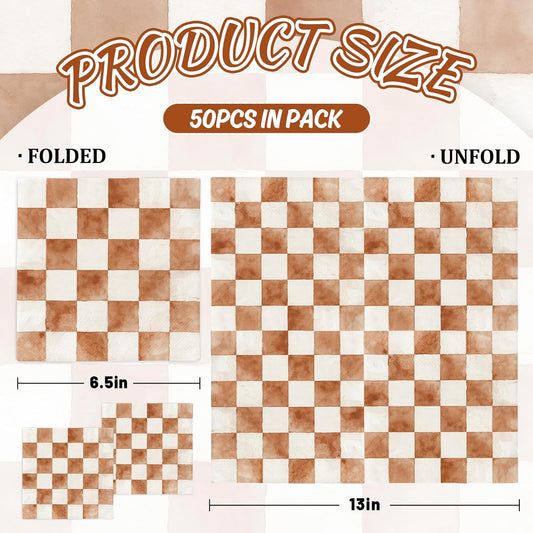 JarThenaAMCS 50 Pcs Brown White Plaid Paper Napkins Watercolor Checkered Luncheon Napkins Disposable Dessert Dinner Towel for Love is Brewing Baby Shower Home Party Table Decor