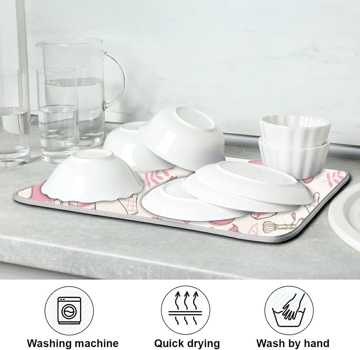 Pink Cookware Dish Drying Mat Large Kitchen Counter Reversible Microfiber Dishes Drainer Mat 18 x 24 Inch