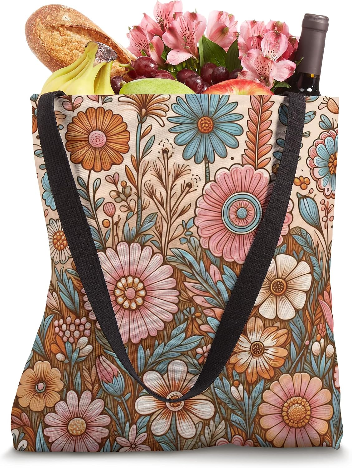 Retro Flowers Meadow Floral Groovy 70s Peach Pink Tote Bag