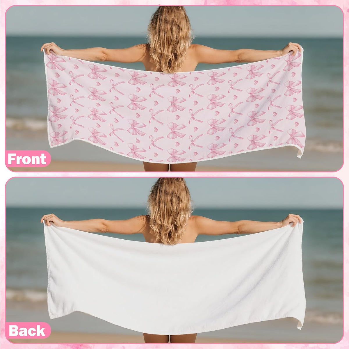 Coquette Pink Bow Magnetic Beach Towel - 75"x30" Sand Free Quick Dry Microfiber Towel with Built-in Magnets Lightweight for Beach Chair Car Door Pool Travel Camping Yoga with Storage Bag