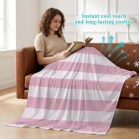 Cooling Blanket 50"x60", Vintage Country Linen Stripes Summer Cooling Blanket Breathable Lightweight Ice Blankets Pink Blankets for Night Sweats