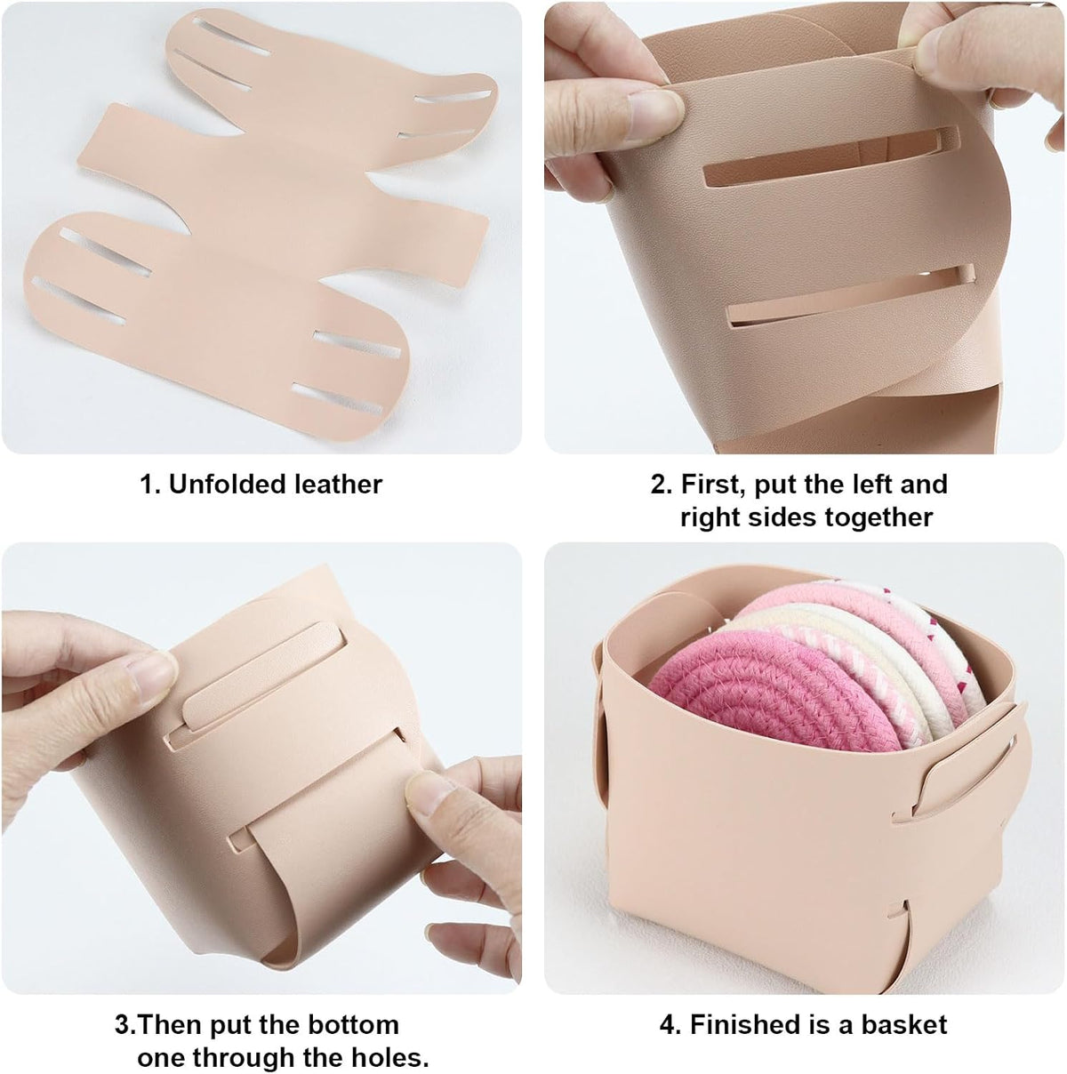 6-Piece Cotton Drink Coasters Set with Leather Holder - Absorbent Cute Woven Coasters for Home Decor, Table Protection, Fits All Cups (Pink)