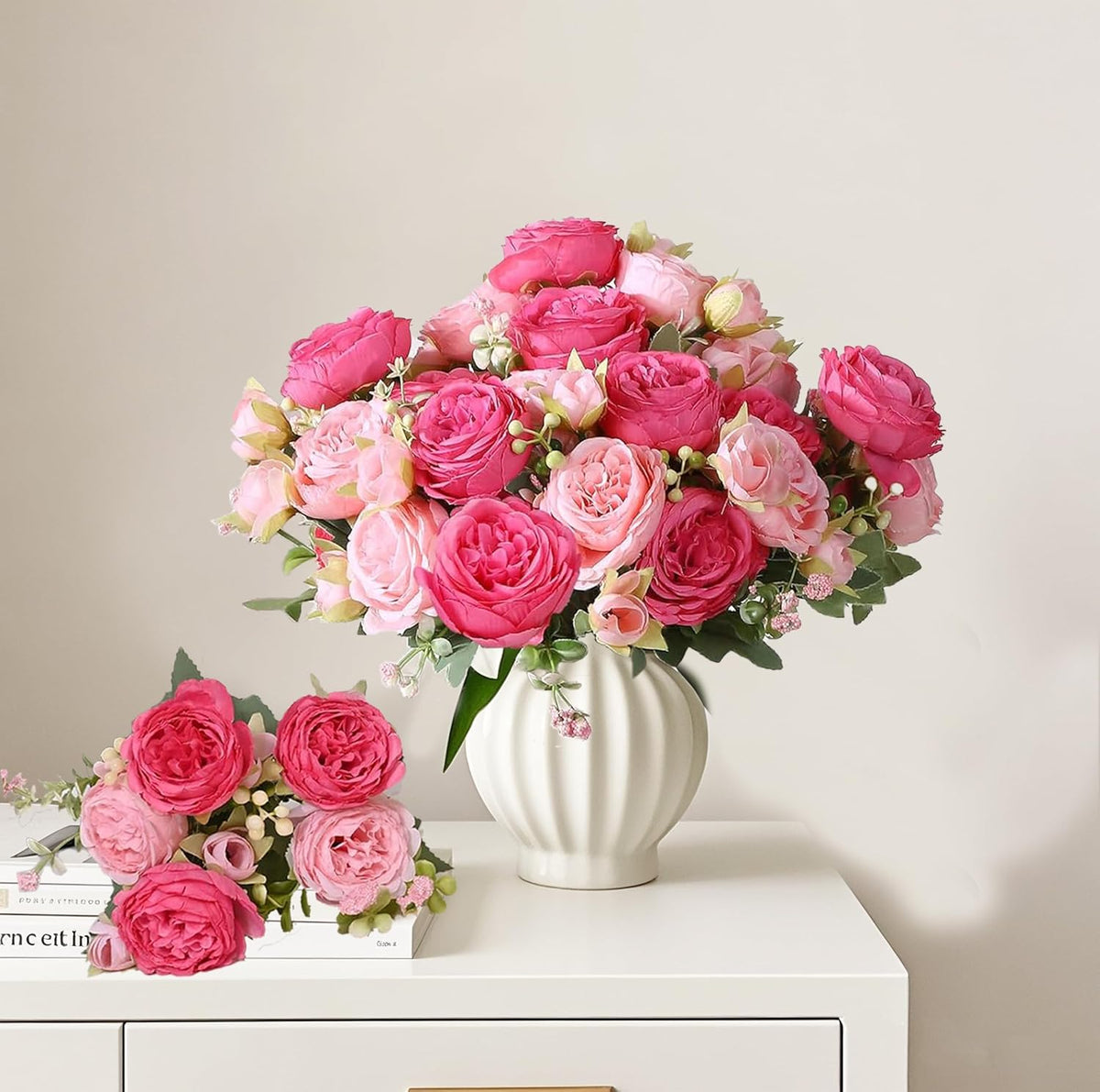 Peonies Artificial Flowers Bouquet, Lifelike Silk Fake Peonies with Stems for Home Table Centerpieces, Wedding, Party & DIY Bridal Floral Arrangements (12, Rose red + Pink)