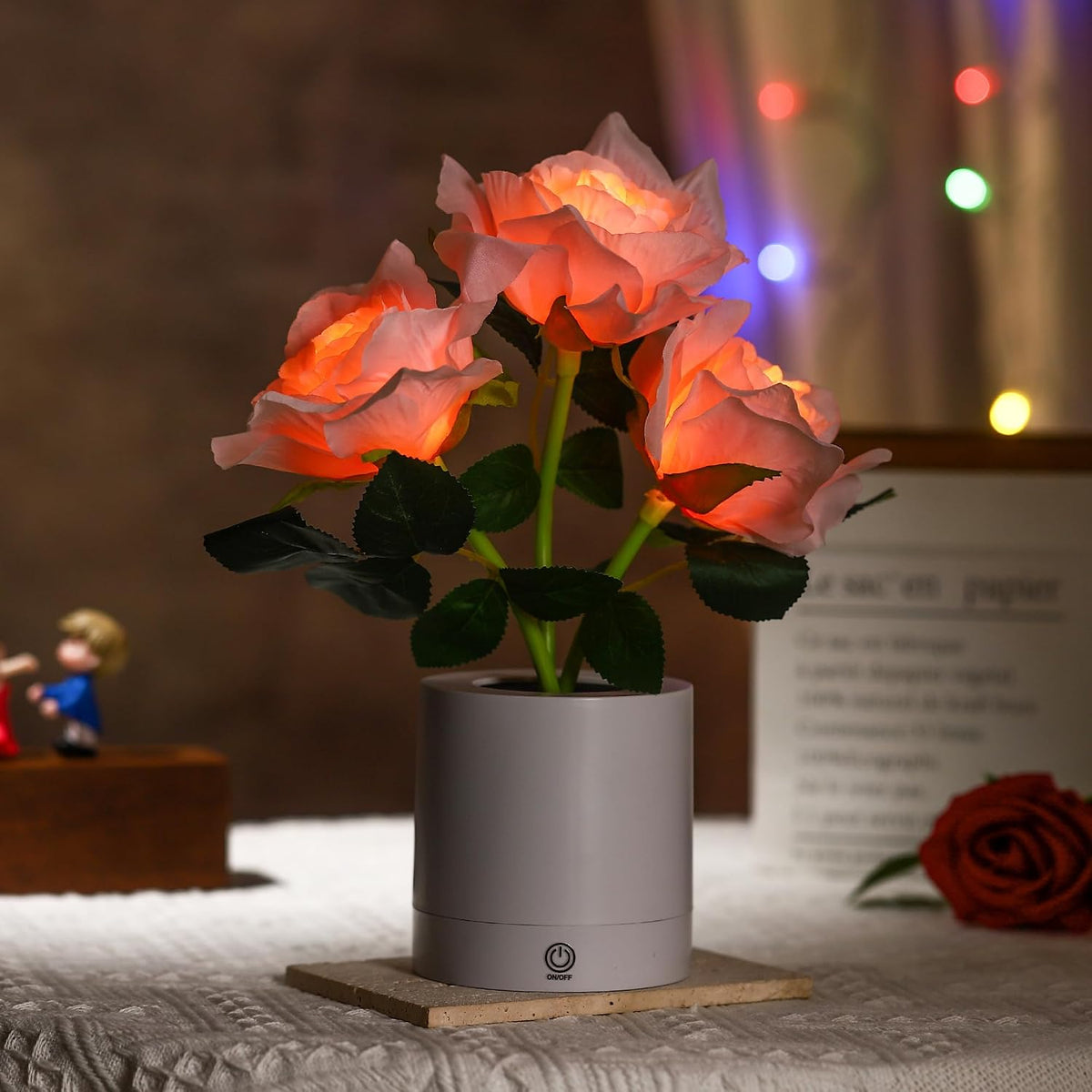 Pink Rose Flower Lamp, Valentines Day LED Artificial Flowers Gifts for Her Wife Girlfriend Small Table Lamp Night Light, Cordless Touch Lamp