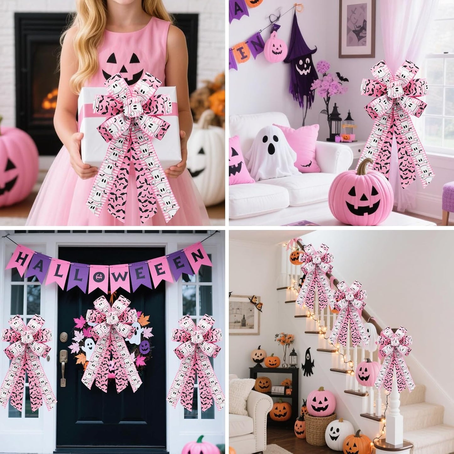 Pink Halloween Wired Ribbon for Wreath Bows, 4 Rolls, 2.5″ Wide, 20 Yards Total, Pastel Girly Halloween Ghost Wired Ribbons for Crafts Supplies, Pumpkin Cat Ribbon Bow