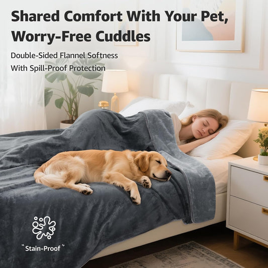 LOOBANI Waterproof Blanket for Bed: Reversible Soft Flannel Twin Bed Blanket 60" x 80", Leakproof Throw Spill-Proof Dog Pet Blanket for Couch Cover, Movie Time, Camping, Travel, Grey