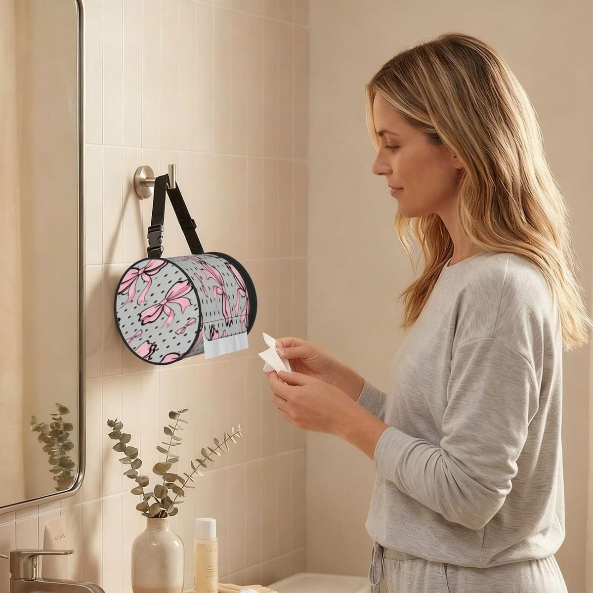 Round Tissue Holder Bag Car Hanging Tissue Boxes Cover with Adjustable Strap Foldable Roll Storage Bags with Zipper Tissues Case Organizer for Home Decor Toilet Office(Polka Dot Pink Bow Pattern)